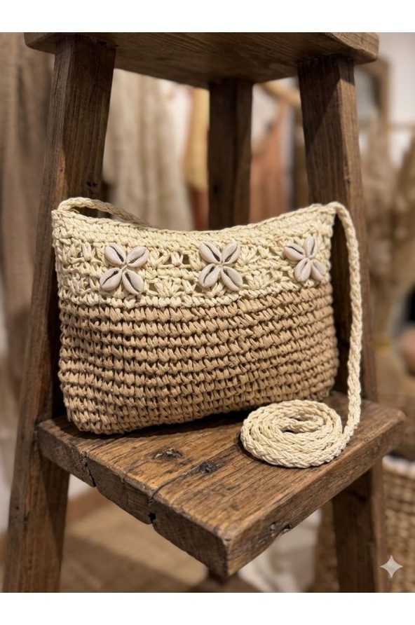 Camel Denizkabuğu Detaylı El Örgüsü Hasır Çanta 28x21 cm toptan