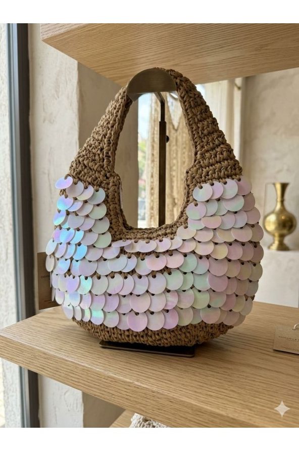 Camel Pul Payetli Hasır El Çantası 43x30 cm toptan
