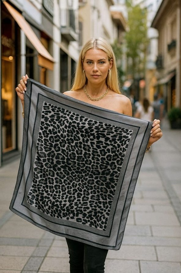 Leopar Desenli Gri Fular 70x70 cm toptan