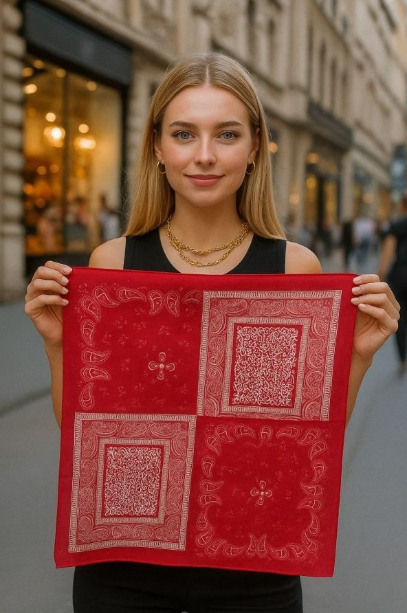 Patch Desenli Koton Kirmizi Bandana Fular toptan