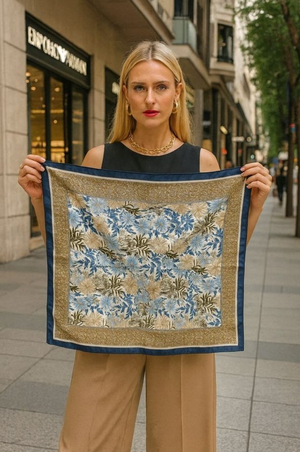 Sal Desenli Lacivert Fular 70x70 cm toptan