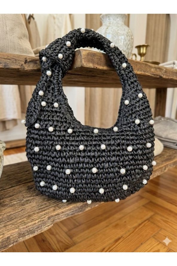 Siyah İnci Taşlı Hasır El Çantası 43x30 cm toptan